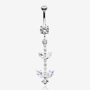 Shimmering Sparkle Leaflet Floral Cascading Belly Button Ring-Clear Gem